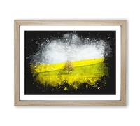 Lone Tree In A Yellow Meadow Paint Splash Modern Art Framed Print | A4 Oak Framed Wall Art | Ready to Hang | Modern Floral Picture | Living Room Bedroom Lounge Office