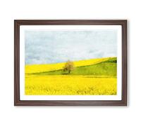 Lone Tree In A Yellow Meadow Painting Modern Art Framed Print | A4 Walnut Framed Wall Art | Ready to Hang | Modern Floral Picture | Living Room Bedroom Lounge Office