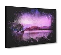 Lone Tree Under A Purple Sunrise Paint Splash Modern Art Canvas Wall Art Print Ready to Hang, Framed Picture for Living Room Bedroom Home Office Décor, 20x14 Inch (50x35 cm)