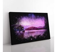 Lone Tree Under A Purple Sunrise Paint Splash Modern Art Canvas Wall Art Print Ready to Hang, Framed Picture for Living Room Bedroom Home Office Décor, 60x40 cm (24x16 Inch)