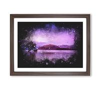 Lone Tree Under A Purple Sunrise Paint Splash Modern Art Framed Wall Art Print, Ready to Hang Picture for Living Room Bedroom Home Office Décor, Walnut A3 (46 x 34 cm)