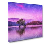 Lone Tree Under a Purple Sunrise Painting Modern Canvas Wall Art Print Ready to Hang, Framed Picture for Living Room Bedroom Home Office Décor, 20x20 Inch (50x50 cm)