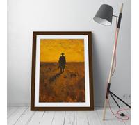 Lone wanderer walking through the wasteland, yellow oil painting Stunning Framed Wall Art Print Picture - A4 - Walnut Frame