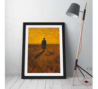 Lone wanderer walking through the wasteland, yellow oil painting Stunning Framed Wall Art Print Picture - A2 - Black Frame