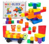 LONEEDY 60-Pack Magnetic Building Block Set with Animal Figures & Magnetic Cart - Magnet Constructions Cubes Educational STEM Toy for Kids 3-8 Years (Color Mixing-60PCS)