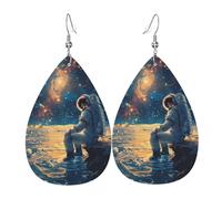 Lonely astronaut Teardrop shaped leather earrings, set of 2, 925 silver plated ear hooks, non-rusting, with ear plugs, suitable for parties, Valentine's Day, White, 11969
