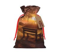 Lonely Bench Sunset Printed Christmas Drawstring Bags Reusable Xmas Bag for Party Xmas Gift Wrapping, Red Ribbon, M