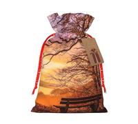 Lonely Bench Sunset Printed Christmas Drawstring Bags with Red Christmas Ribbon - Reusable Burlap Drawstring Gift Pouches, S
