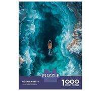 Lonely Boat on Ocean 1000 Piece Jigsaw Puzzle Paper for Adults Deep Blue Sea View Puzzle Game for Family Mindfulness Gift 38x26cm/1000pcs