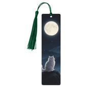 Lonely Cat Moon Wooden Bookmarks for Book Lovers, Handmade DIY Book Mark with Colorful Tassels Double-Sided Printed Page Markers Artistic Book Accessories Gift for Women Men