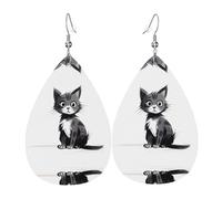 Lonely Cat Pattern leather earrings | Water drop-shaped printed earrings, suitable for daily/party/dating scenes
