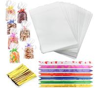 Lonely high heels 70pcs Cellophane Bags 6x10'' Plastic with Colorful Pull Bows Twist Ties Clear Sweet Empty Flat Bottom Gift Packaging Treat for Cookies Sweets Candy Cupcake Bread (25 * 15cm), Gold