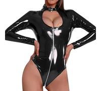 Lonely Lingerie Ladies Plus Size High Elastic Bright Leather PU Bright Oil Bright Leather Nightclub Zipper Long Sleeve Tights Erotic Lingerie Satin Lingerie Set with for Women (Black XL)