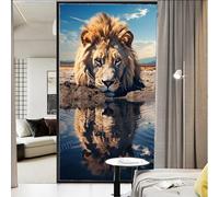 Lonely Lion Stained Glass Window Film Vintage Animal Water Reflection Privacy Window Film Glass Door Covering Non-Adhesive Window Stickers for Bathroom Kitchen 80 x 140 cm