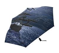 Lonely Sailboat in The Sea Against Full Moon Cloud Dark Blue Pattern Automatic Lightweight Folding Umbrella, Auto Open/Close Portable Sun Travel Parasol, Compact Anti-UV Strong Rain Umbrella