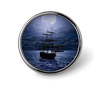 Lonely Sailboat in The Sea Against Full Moon Cloud Dark Blue Round Badge Smooth Surface Lapel Tie Pin, Lightweight Badge for Women Men Office Worker Nurse Teacher Student Shirts Backpack