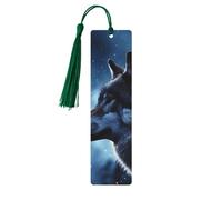 Lonely Wolf Wooden Bookmarks 5 Pcs,Handmade Double-Sided Printed Book Marks Page Markers with Dark Green Tassels Book Accessories Gift for Book Lovers Women Men