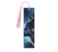 Lonely Wolf Wooden Bookmarks 5 Pcs,Handmade Double-Sided Printed Book Marks Page Markers with Pink Tassels Book Accessories Gift for Book Lovers Women Men