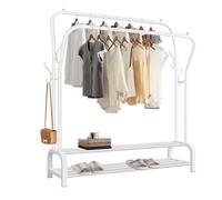 LONENESSL Metal Double Rail Garment Rack, Double Clothes Rail Hanger with 2 Tier Storage Shelf and 4 Side Hooks, Freestanding Clothes Rack Bedroom Clothes hanger (White)