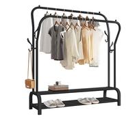 LONENESSL Metal Double Rail Garment Rack, Double Clothes Rail Hanger with 2 Tier Storage Shelf and 4 Side Hooks, Freestanding Clothes Rack Bedroom Clothes hanger (Black)