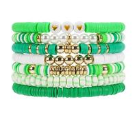 Lonext Beaded Stretch Bracelet for Women, Boho Y2k Style, St. Patrick's Day Valentine's Day Theme, 7.0 Inch, Clay Material, Round Shape, Spring Ring Clasp, One Size, Clay Glass Crystal, no gemstone