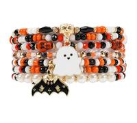 Lonext Halloween Bracelets Ghost Pumpkin Skull Skeleton Bat Spooky Bracelet for Women Girls Gifts Boho Stretch Stack Bead Charm Heishi Bracelet, Large, no gemstone, Large, no gemstone