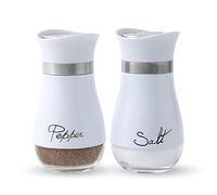 Lonffery Salt and Pepper Shakers Set - Salt Containers for Gifts, Kitchen Decor, Home, RV, Camp, BBQ, 4 oz Farmhouse Spice Dispenser with Glass Bottom, White, Set of 2
