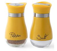 Lonffery Salt and Pepper Shakers Set - Salt Containers for Gifts, Kitchen Decor, Home, RV, Camp, BBQ, 4 oz Farmhouse Spice Dispenser with Glass Bottom, Yellow, Set of 2