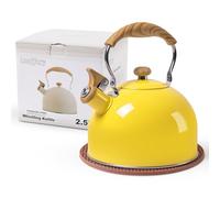LONFFERY Tea Kettle, 2.5 Quart Whistling Tea Kettle, Tea Pots for Stove Top Food Grade Stainless Steel with Wood Pattern Folding Handle - Yellow