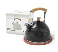 LONFFERY Tea Kettle for Stove Top, 2.5 Quart Whistling Tea Kettle, Stainless Steel and Wood Pattern Folding Handle, Black