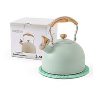 LONFFERY Tea Kettle for Stove Top, 2.5 Quart Whistling Tea Kettle, with Food Grade Stainless Steel and Wood Pattern Folding Handle, Turquoise