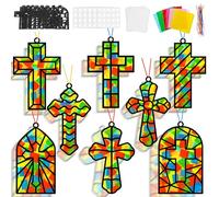 Lonfliness 32Sets Religious Cross Suncatchers Kit Craft Set DIY Cross Christian Window Stained Glass Effect Paper for Sunday School Easter Craft Classroom Decor Creative Art Projects Activity Kid Gift
