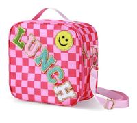 Lonfliness Checkered Insulated Lunch Bag with Handle, Adjustable Strap Preppy Smile Face Lunch Box Large Bento Tote Bag Container Reusable Portable Lunchbag for Women School Daycare Travel Picnic