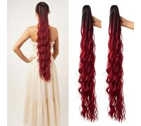 Long 34inch Claw Clip in High Ponytail Hair Extension Seamless Loose Curly Thick Fluffy Synthetic Pony Tail Hairpiece (Black Ombre Red)