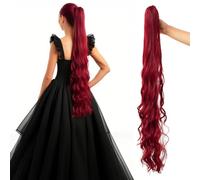 Long 34inch Claw Clip in High Ponytail Hair Extension Seamless Loose Curly Thick Fluffy Synthetic Pony Tail Hairpiece (Wine Red)