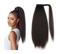 Long Afro Kinky Straight Ponytail Wrap Around Yaki Straight Pony Tails Extensions, Clip in Ponytail Extension, Magic Paste Ponytail for Black Women, Girls (#4/black brown)