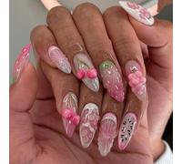 Long Almond Coffin Press on Nails,Sweet and Cute False Nails with 3D Cherry and Strawberry Design,Pink Fresh Fruit Fake Nails,French Tip Finger Manicure for Women