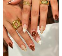 Long Almond Fake Nails with Geometric Floral Designs - 24Pcs Medium French Tip Stick on Nails for Women, Acrylic Press on Short Reusable for Daily Wear and Parties in Marble Brown Gold