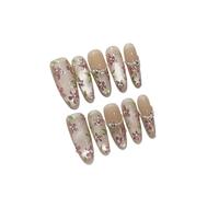 Long almond False Nail 10Pcs Naked cat eyes with flower Design Press on Fake Nails Full Cover Gel Glue on DIY Nail Art Manicure for Women Girls
