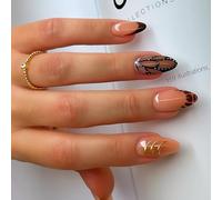 Long Almond False Nail Tips, Glossy Mixed French Tip And Polka Dot Set | Nude Pink Bases, Black, Brown, Gold-Tone And Silver-Tone Details, Curved Outlines And Raised Stripes, Home Or Evening Wear