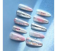 Long Almond False Nails 30pcs Silver Chrome Glittering Press Ons ABS Practical Full Cover Tips For Daily Party ABS Press On Nail