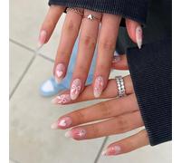 Long Almond False Nails, Pink Ombré Bow, Heart And Star Nail Tip Set | Translucent Gradient Finish, White Motifs, Silver-Tone Reflective Details, For Everyday Wear, Weddings, Parties And Dates
