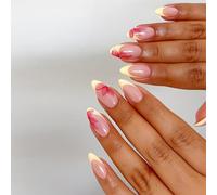 Long Almond False Nails Set with Glue Kit - 24Pcs French Almond Glossy Press On Nails, Delicate Floral Design, Pale Pink Base & Creamy White Tips, Elegant Manicure for Women