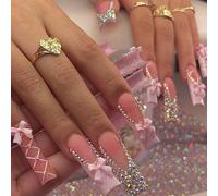 Long Almond False Nails with Pink Rhinestones and Bow - 24PCS Glossy French Tip Press On Nails for Women, Sweet Pastel 3D Decorative Manicure Set for Everyday Wear and Special Occasions