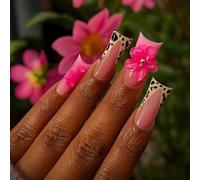 Long Almond Glossy Press On Nails with Pink French Leopard Print & 3D Flower Designs - Reusable Short Square Coffin Artificial Nails for Elegant Everyday or Party Wear, 24PCS False Glossy
