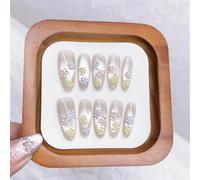 Long Almond Handmade Press-On Fake Nails Colorful Flowers Nail Art Decoration Cat's Eye Manciure for Women and Girls 10PCS (A80-XS)
