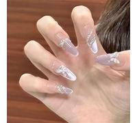 Long Almond Handmade Press-On Fake Nails Elegant Butterfly Nail Art Decoration French Cat's Eye Manciure for Women and Girls 10PCS (A714-XS)