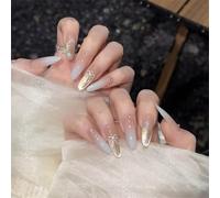 Long Almond Handmade Press-On Fake Nails Elegant Stars Bow Nail Art Decoration Cat's Eye Manciure for Women and Girls 10PCS (A715-L)