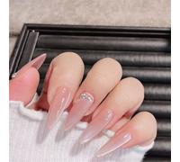 Long Almond Handmade Wearable Nails Diamonds Nail Art Decoration Shiny Pink Cat's Eye Manciure for Women and Girls 10PCS (19630-S)