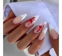 Long Almond Press-On False Nails, Nude French Tips, Red Floral, 24-Piece | Assorted Sizes, Selected Nails With Gold-Tone Details, Coordinated Manicure At Home, Social Events And Occasion Wear